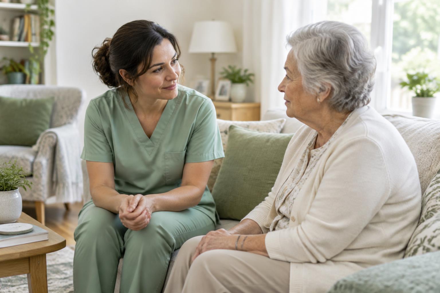 A caregiver shares a caring moment with a senior resident